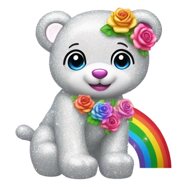 Lisa frank white glitter bear with rainbow roses sticker