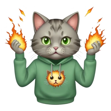 A cat in a green sweatshirt with exploding brains sticker