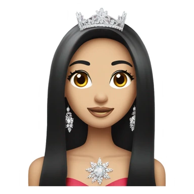 Miss universe south east Asian with very long straight black hair with a crown sticker