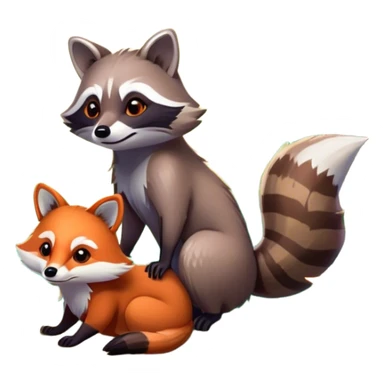 Collage of a raccoon and a fox, in close-up, surrounded by a colorful forest with rich green trees, thick bushes, and vibrant foliage. Sunlight peeks through the branches, casting warm light on the animals. A lively, natural setting with a transparent background. sticker