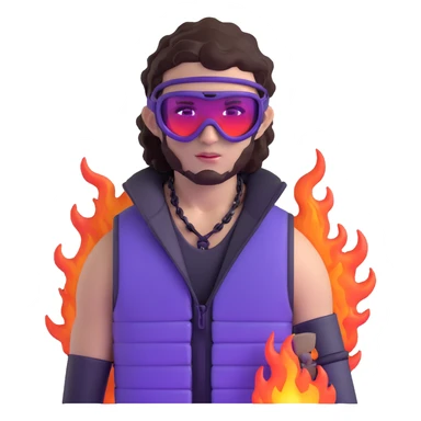 close-up of bad guy male athlete with white skin and moderately curly dark brown hair on top with shaved sides, wearing ski goggles with purple frames and very dark black lenses, a simple plain black chain necklace, and a completely unzipped sleeveless vest with purple and black sequin fire pattern design with no logo, with an extremely arrogant sneer on his face, looking menacing and villainous, exuding overconfidence and a threatening aura sticker