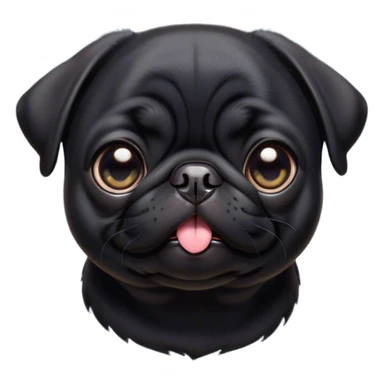 Cinematic Cute Black Pug Portrait Emoji, Head tilted playfully and inquisitively, featuring a glossy black coat with a smooth finish, round, sparkling dark eyes filled with curiosity, Simplified yet irresistibly adorable features, highly detailed, glowing with a warm, friendly glow, high shine, affectionate and lively, stylized with a touch of whimsy, bright and endearing, soft glowing outline, capturing the essence of a mischievous yet loving pup, so playful it feels like it could bounce out of the screen and into your arms! sticker