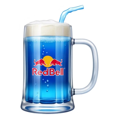 Large clear glass mug similar to beer stein with bright blue liquid inside. Put redbull drink logo on  mug. Add ridges to mug  sticker