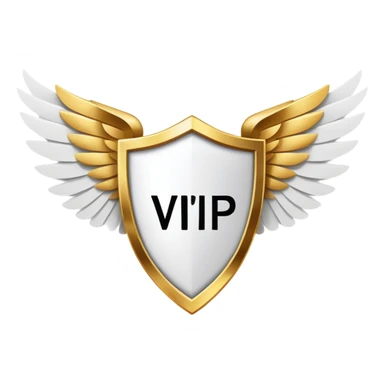 Gold shield with white wings and a large, bold VIP text in the center, simplified clean design with emphasis on the VIP label sticker