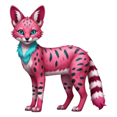 Epic complex detailed sanguine-red magenta pink white pastel realistic aesthetic-scenic-Fakémon-Trico-Sergal-Serval-Vernid-creature with cyan markings  sticker