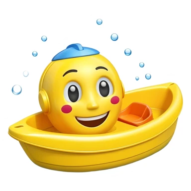 A yellow plastic toy bath boat with a big happy smiling face on the front sticker