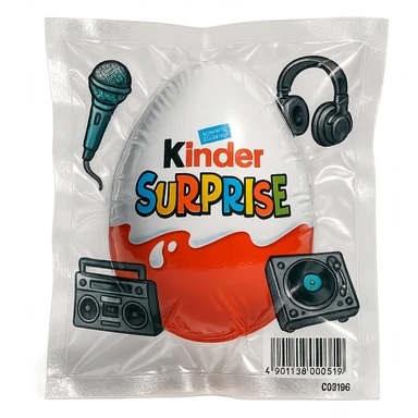 Kinder Surprise egg with standard packaging, toys including microphone, boombox, headphones, DJ setup, glossy and puffy vacuum-sealed style sticker