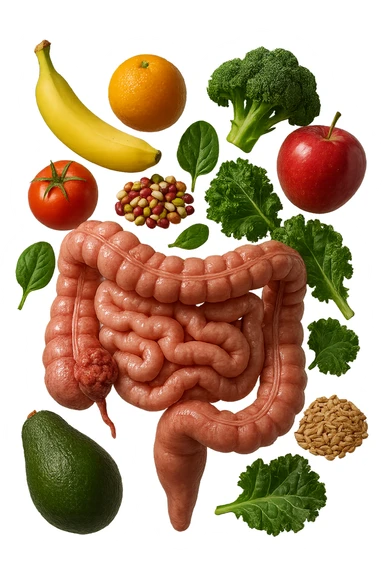 verdure, frutta intera, legumi, cereali integrali FLUTTUANO IN ARIA DIETRO AD UN INTESTINO UMANO ANATOMICO REALISTICO CON MASSA TUMORALE VISIBILE SUL COLON, iperrealistico 4k sticker