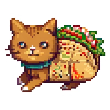 a taco cat running, dynamic pose, pixel art style, bright colors, cat facing left sticker
