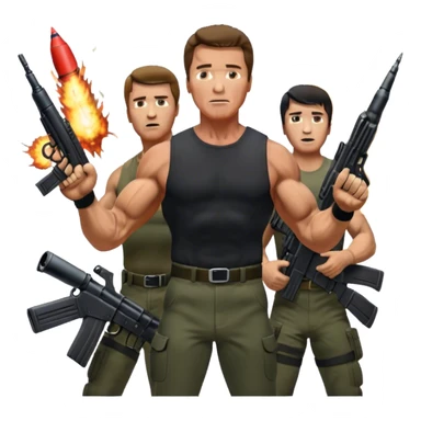 Icon for Action Movies: Close-up collage featuring Schwarzenegger in 'Commando' and  Stallone in 'Rambo', in bold poses. Background includes explosions, rockets flying, and machine guns. The style is reminiscent of a cinematic movie poster with intense, dramatic colors. Transparent background. sticker