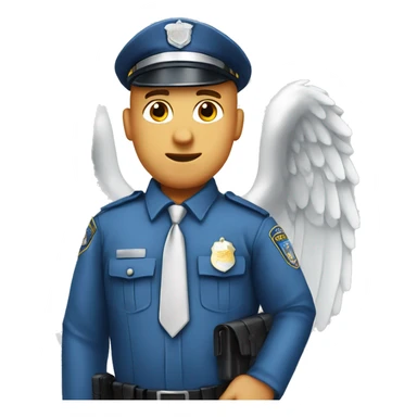A WHITE Police man bald with blue uniform and cap with Big ANGEL WINGS sticker