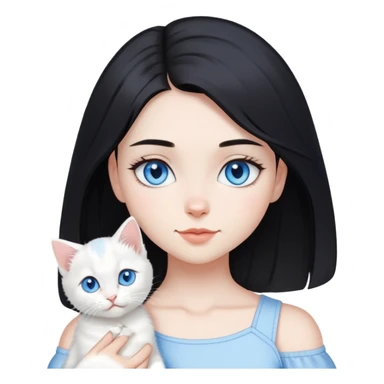 Chica con pelo negro hasta los hombros con gatito blanco con ojos celestes  sticker