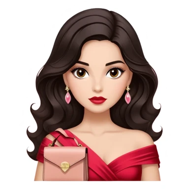 A woman with slightly darker almond-toned skin, voluminous dark hair in waves, expressive eyes with soft lashes and shimmer, full lips with a glossy nude-pink color, wearing a red dress and a white crossbody sash with “Miss San Juan” in black letters, exuding elegance and confidence. sticker