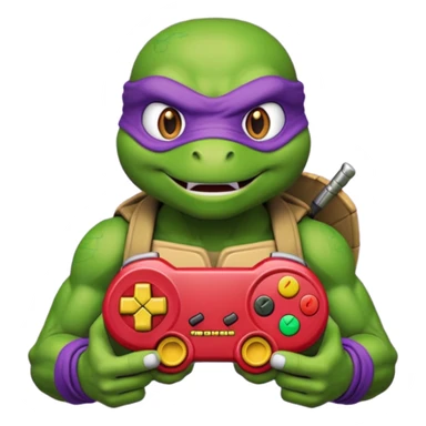 Donatello from Teenage Mutant Ninja Turtles, emoji style, playing a retro video game with a joystick sticker