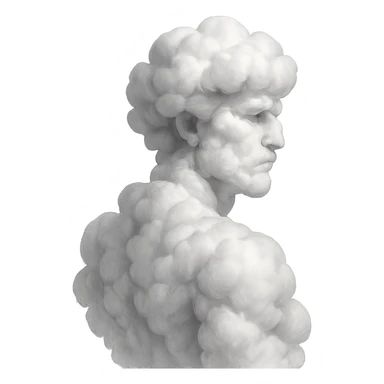 person fully made of voluminous clouds, shoulder view, looking straight, no background sticker