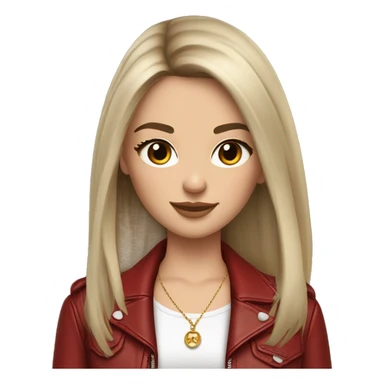 dark brunette girl semi pale skin and pretty eyelashes and medium thin brows, light brown eyes. silky long hair with long fringe hair parted down the middle, blush slightly, girl wearing a pretty necklace with, girl a red leather oversized leather jacket  sticker