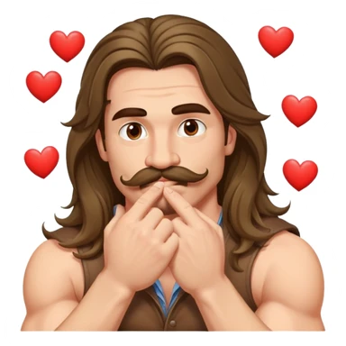 super jacked guy with long hair and a mustache, kissing his hand, there is hearts all around his head sticker