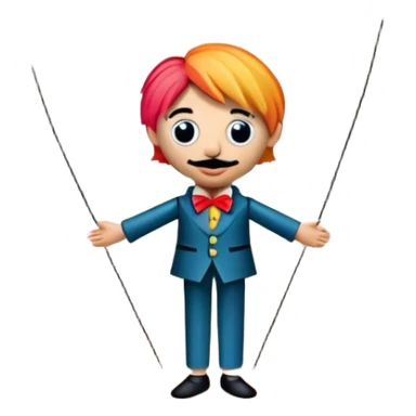 Icon for Puppet Theater: a puppet on strings with theatrical curtains in the background, along with a small stage and dramatic lighting. The icon should represent the whimsical and artistic nature of puppet performance. Transparent background. sticker