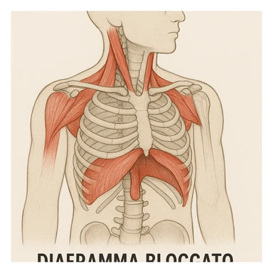 illustrazione con focus sul diaframma bloccato, muscoli del collo e scapole in secondo piano ma evidenziati, didascalia in italiano sticker
