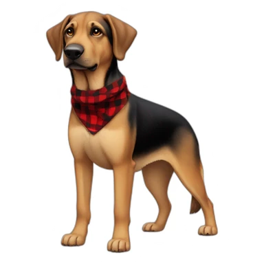 adult 75% Coonhound 25% German Shepherd mix dog with visible tail wearing small pointed red buffalo plaid bandana full body side view sticker