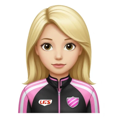 blonde long hair woman with black racing outfit with pink strips sticker