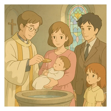 Christian baptism scene, gentle pastel colors, ghibli style sticker