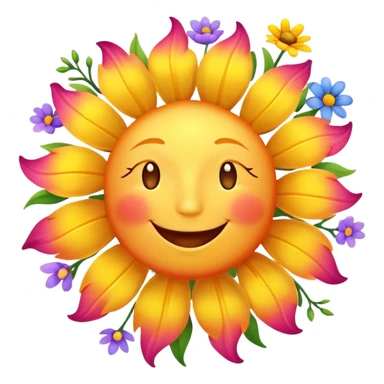 Happy smiling sun character with spring flowers blooming around it sticker