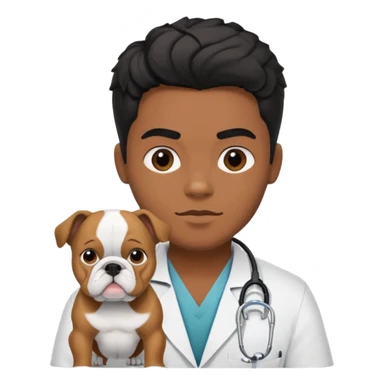 joven médico con el pelo un poco largo pero no tanto y lacio, que tenga un estetoscopio de color de piel tez negra calida !!! que sostiene un bulldog francés blanco sticker