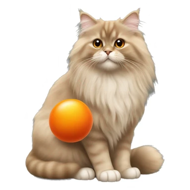 British longhair cat fawn color playing with an orange ball sticker