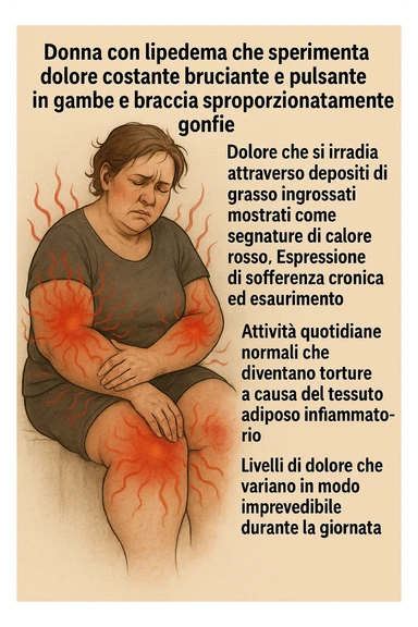 "Woman with lipedema experiencing constant burning and aching pain in disproportionately swollen legs and arms, pain radiating through enlarged fat deposits shown as red heat signatures, expression of chronic suffering and exhaustion, normal daily activities becoming torture due to inflammatory adipose tissue, pain levels fluctuating unpredictably throughout the day" scritte in italiano sticker