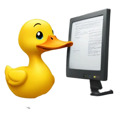 Yellow duck writing behain a computer  sticker