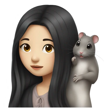 A korean girl with long black hair whispering to a rat sticker