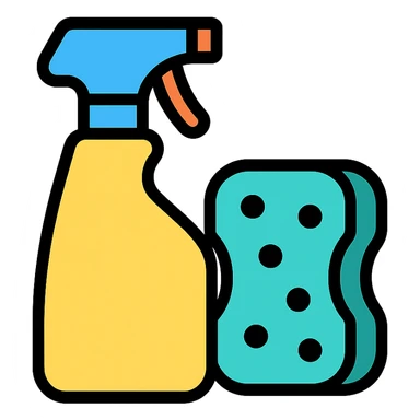 colorful icon of cleaning supplies, including spray bottle and sponge sticker