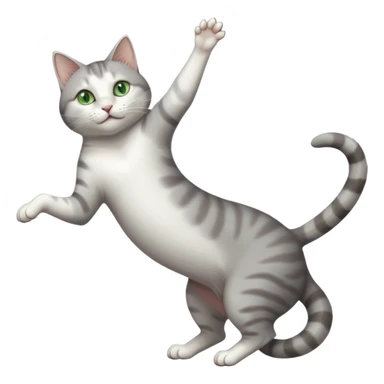 grey and white cat with green eyes doing a big extremely long stretch reaching up into the air with arms and legs side by side together straight and overextended whilst lying on its side sticker