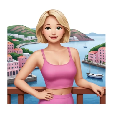 jennifer lawrence, pink crop top leaning on a balcony with a harbor and cityscape in the background, smiling sticker