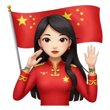 sexy nude and very muscled chinese girl, long dark asian hair, asian narrow eyes, sexy kawaii makeup and blush, nude sexy girl, sexy butt, sexy boobs, floral tattoes, flag of china, flexing and saluting, full body sticker