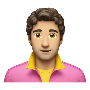 dark brown haired adult man wearing pink polo and yellow raincoat sticker