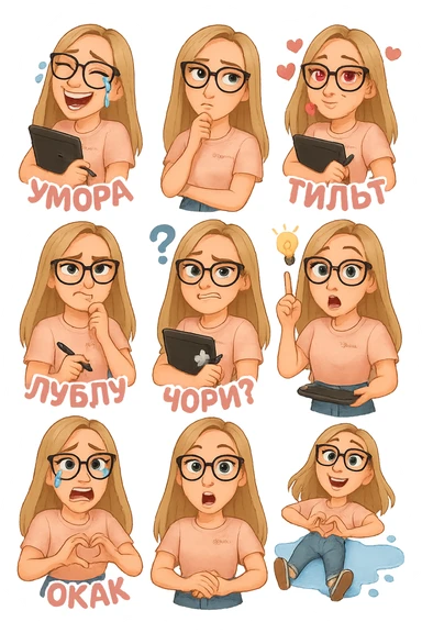 «Создай набор из 10 наклеек в стиле 3D cartoon  женского персонажа (30 лет выглядит моложе)  с прямыми светло русыми волосами ниже лопаток, светлой кожей, большими выразительными голубыми глазами, черные очки для зрения формы кошачий глаз, нос чуть с горбинкой.
Персонаж должен носить пастельную розово-бежевую тай дай футболку с вышивкой @ByUnicorn, голубые джинсы фасона мом, персонаж должен иметь разные выражения: смех до слез и подпись внизу пастельно-розовым текстом УМОРА, задумчивость, влюбленность (с сердцами вокруг головы) и надпись пастельно розовая ЛУБЛУ, злость с паром из носа и подписью внизу пастельно розовым текстом ТИЛЬТ, растерянность (со знаком вопроса) и подпись пастельно-розовым текстом ЧОРИЛ?, наличие идеи (с зажженной лампочкой), плач со слезами из глаз, удивление с открытым ртом и подписью пастельно розовым текстом ОКАК, создание сердца руками, лежит на спине раскинула руки и ноги в стороны в луже слез. Размер картинки не ограниченный, чтобы все наклейки вместились без обрезки. Стиль мультяшный  DreamWorks, мягкий свет, прозрачный фон, и добавь персонажу в руки графический планшет следи чтобы выглядело органично, красиво, не нарушая законы природы и физики, можешь добавить в другую руку перо от графического планшета, если это будет позволять смысл стикера» sticker