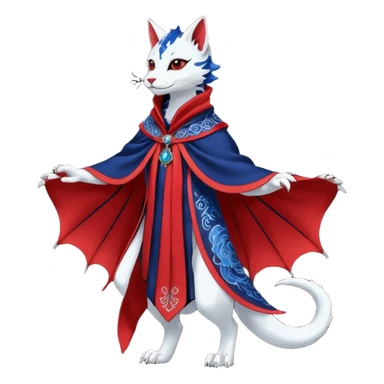 Kawaii black, red, indigo, cute beautiful pretty elegant divine edgy feline-vernid-sergal-Haku-dragon-fursona-animal-creature, full body, with intricate detailed markings, Embroidered capelet, silken shawl sticker