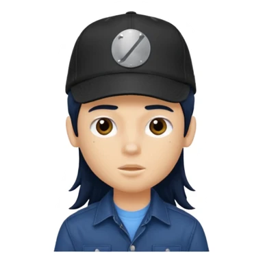 generate a pretty bratz boy wearing a dark blue button up shirt, long black mullet hair. 

Dark blue cap on head sticker
