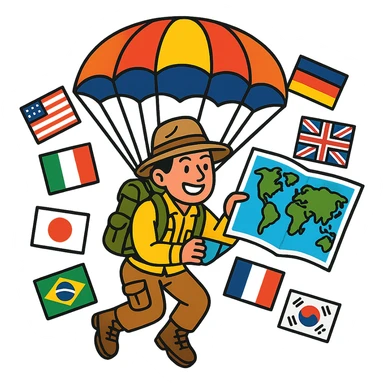 A smiling explorer parachuting with a world map, surrounded by diverse country flags, modern style, bright and vibrant colors. sticker