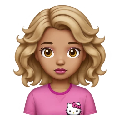 Make an emoji girl with dirty blonde wavy hair light brown skin brown eyes with pink shirt baddie makeup And hello kitty clip on her hair sticker