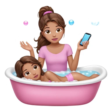 girl with wavy long ponytail brown hair, brown eyes, light to medium complexion, long lashes, light pink lipstick, wearing light pink shirt, lying full body in a bathtub with bubbles sticker