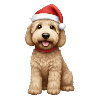 Australian Labradoodle wearing a Christmas sweat sweater and Santa hat sticker