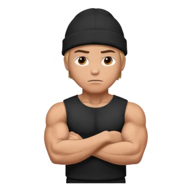 Muscular hero in black beanie, serious expression, folded arms.



































 sticker