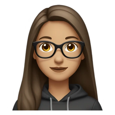 a girl with glasses, smile, long straight brown hair, grey eyes, light skin and black hoodie  sticker