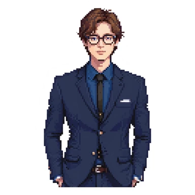 Flat pixel art, focused and reserved male architect, short sleek brown hair, wearing glasses, intense sharp eyes, wearing a deep indigo suit jacket over a black shirt, holding a blue print, waist-up, front-facing sticker