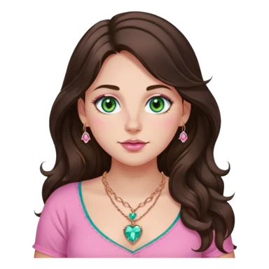 Girl girl long wavy dark brown hair with middle part, green/blue/gold eyes, plus size, pink girly top, right nostril rose gold nose ring, pink heart crystal necklace  sticker
