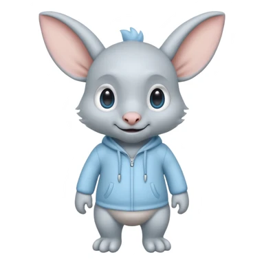 full body ...it has 1 eye....stands upright and looks intelligent ...wears clothing. is light grey and light blue..looks happy and cuddly... doesnt have eyes on face,remove the 2 eyes on face. . there is a appendage coming from top of head with a single large e sticker