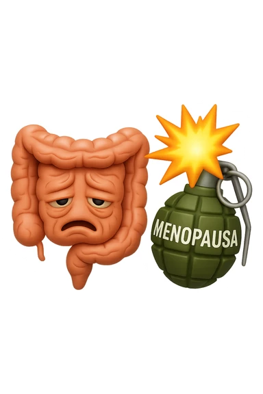 EMOJI STILE IPHONE 3D DI INTESTINO ANZIANO CON RUGHE SFINITO CON ESPRESSIONE STANCA, ACCANTO A LUI SCOPPIA UNA GRANATA 3D CON LA SCRITTA "MENOPAUSA" SOPRA sticker